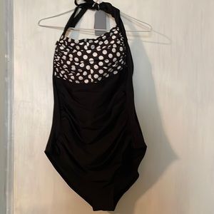 Black w white polka dots 1 piece swimsuit solid black bottom/ polka dot top